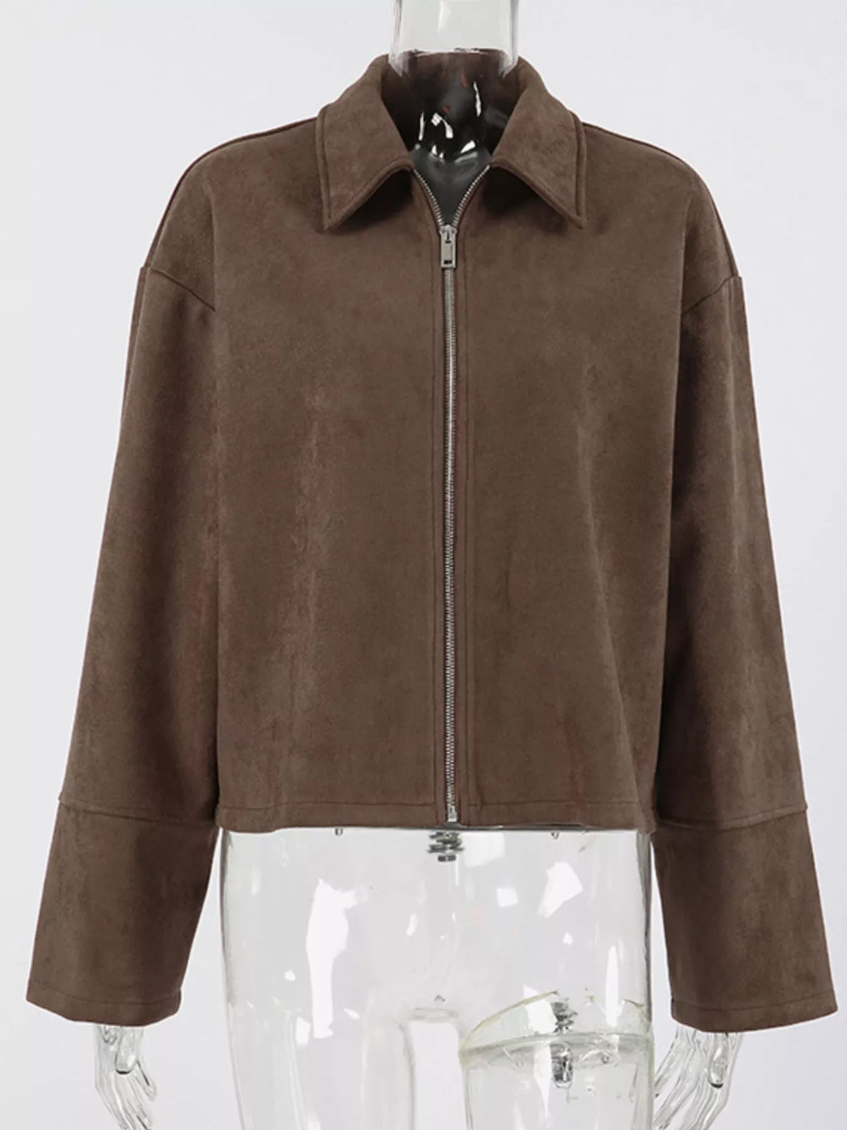 Zip-Up Dropped Shoulder Jacket in Brown, view 5