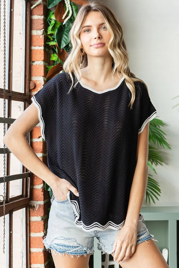 First Love Full Size Contrast Wavy Crochet Drop Shoulder Knit Top - Lilixa.store