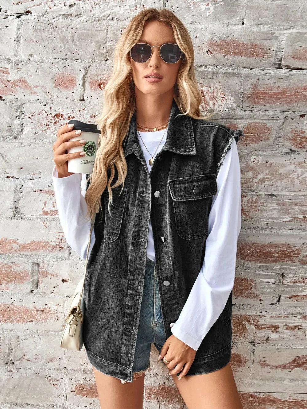 Raw Hem Sleeveless Button Up Denim Jacket in Black