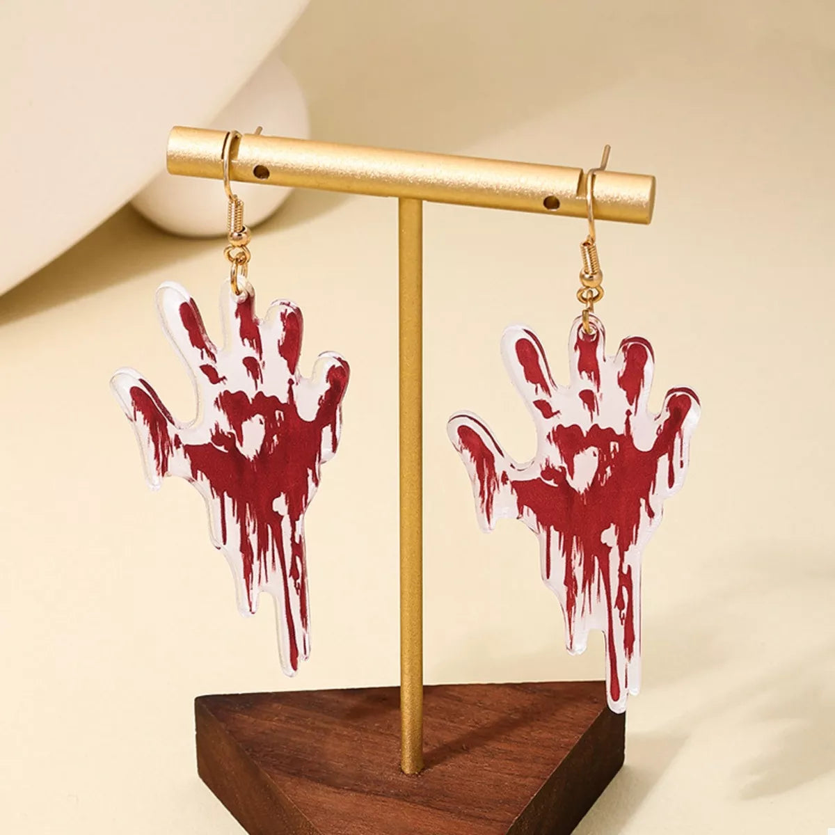 Halloween Bloody Hand Dangle Earrings in Red, view 2