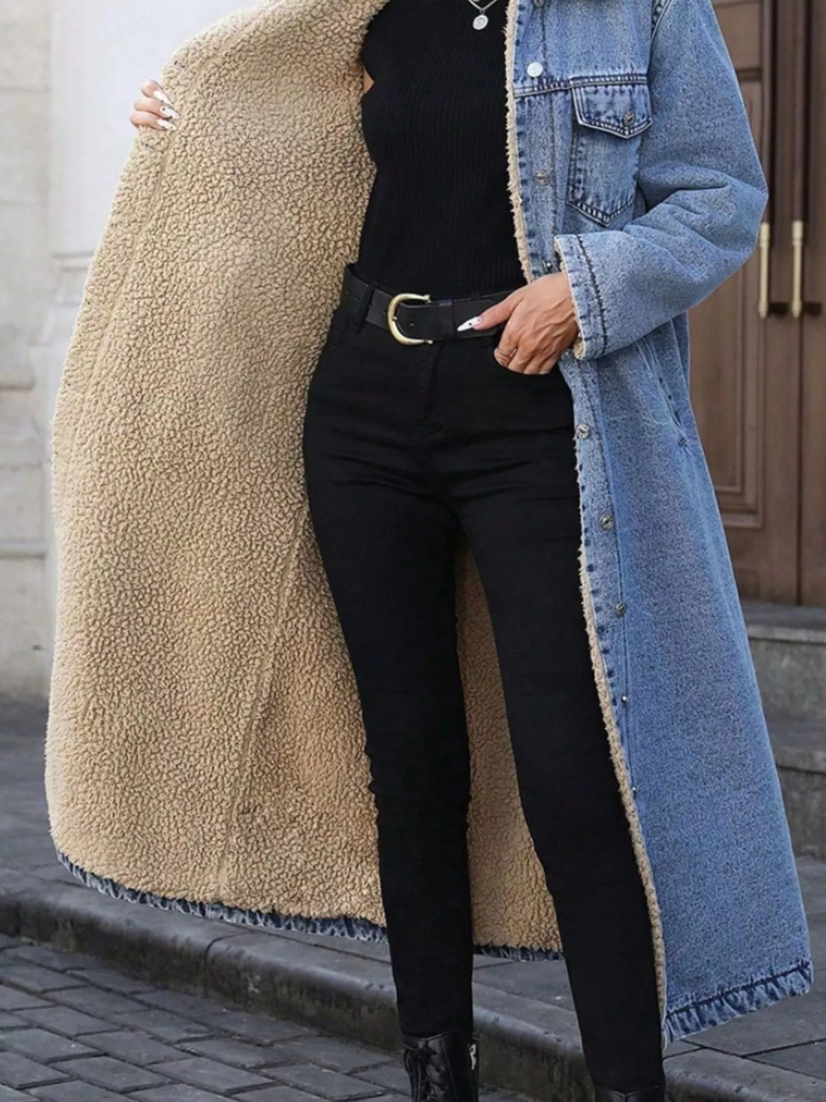 Sherpa Lined Longline Denim Jacket, view 20