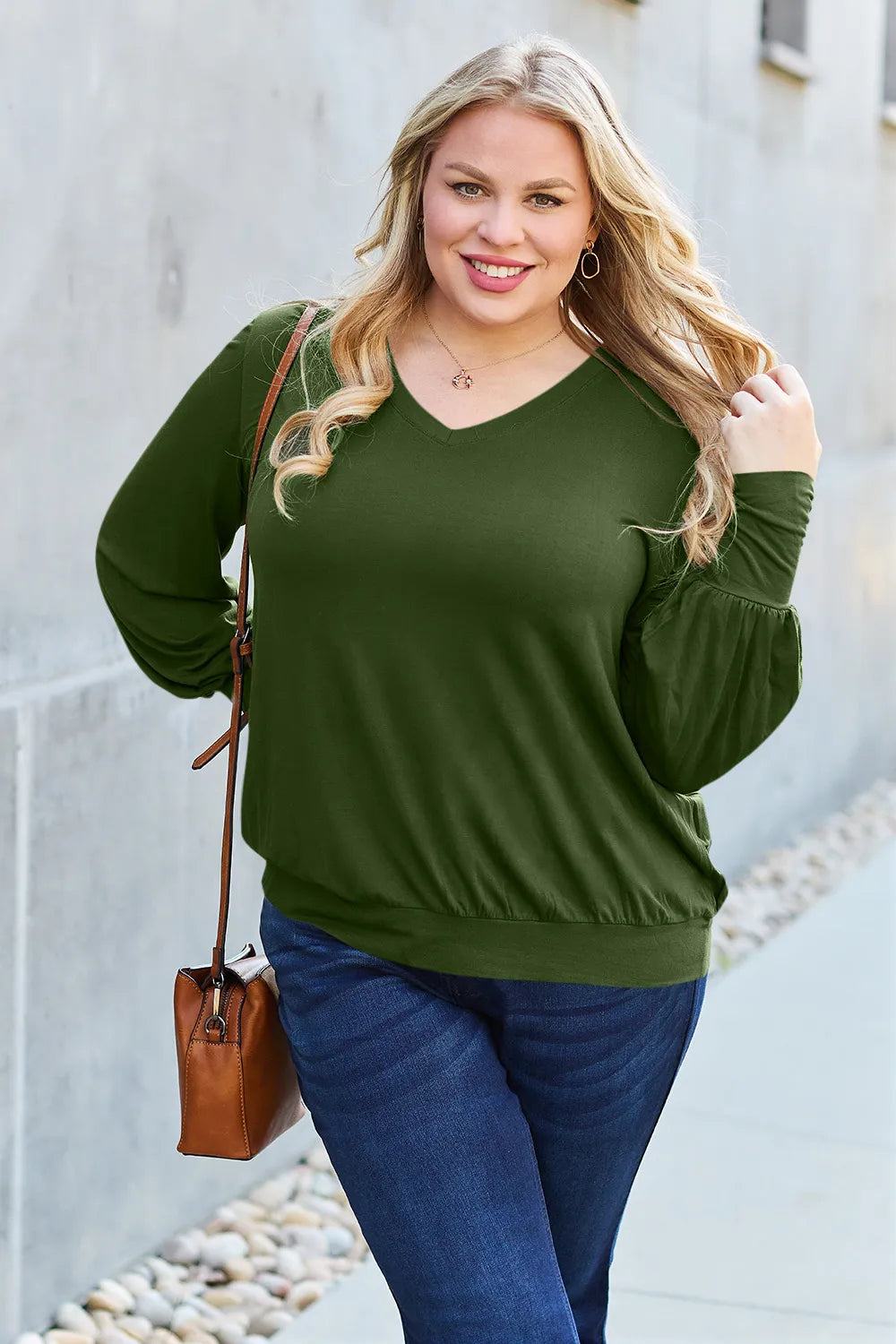 Basic Bae Full Size V-Neck Lantern Sleeve Top - Lilixa.store