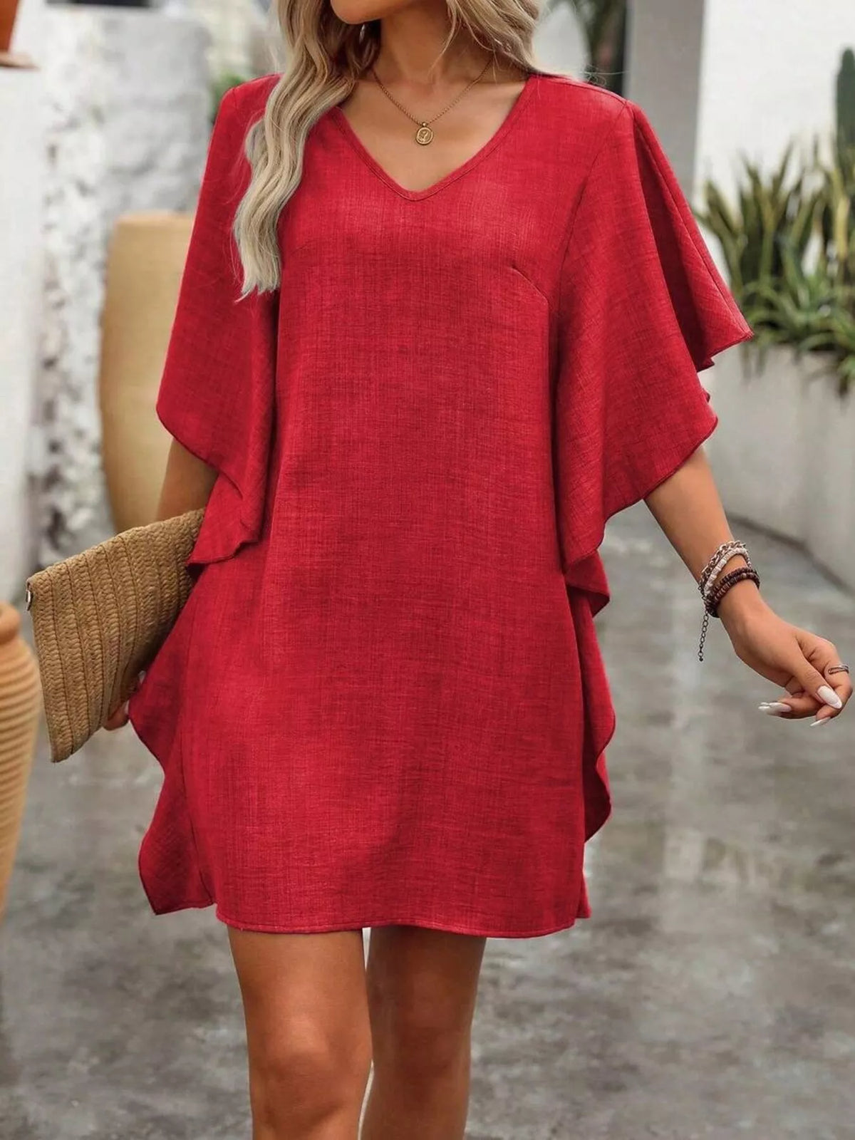 Ruffled Flutter Sleeve V-Neck Mini Dress - Lilixa.store