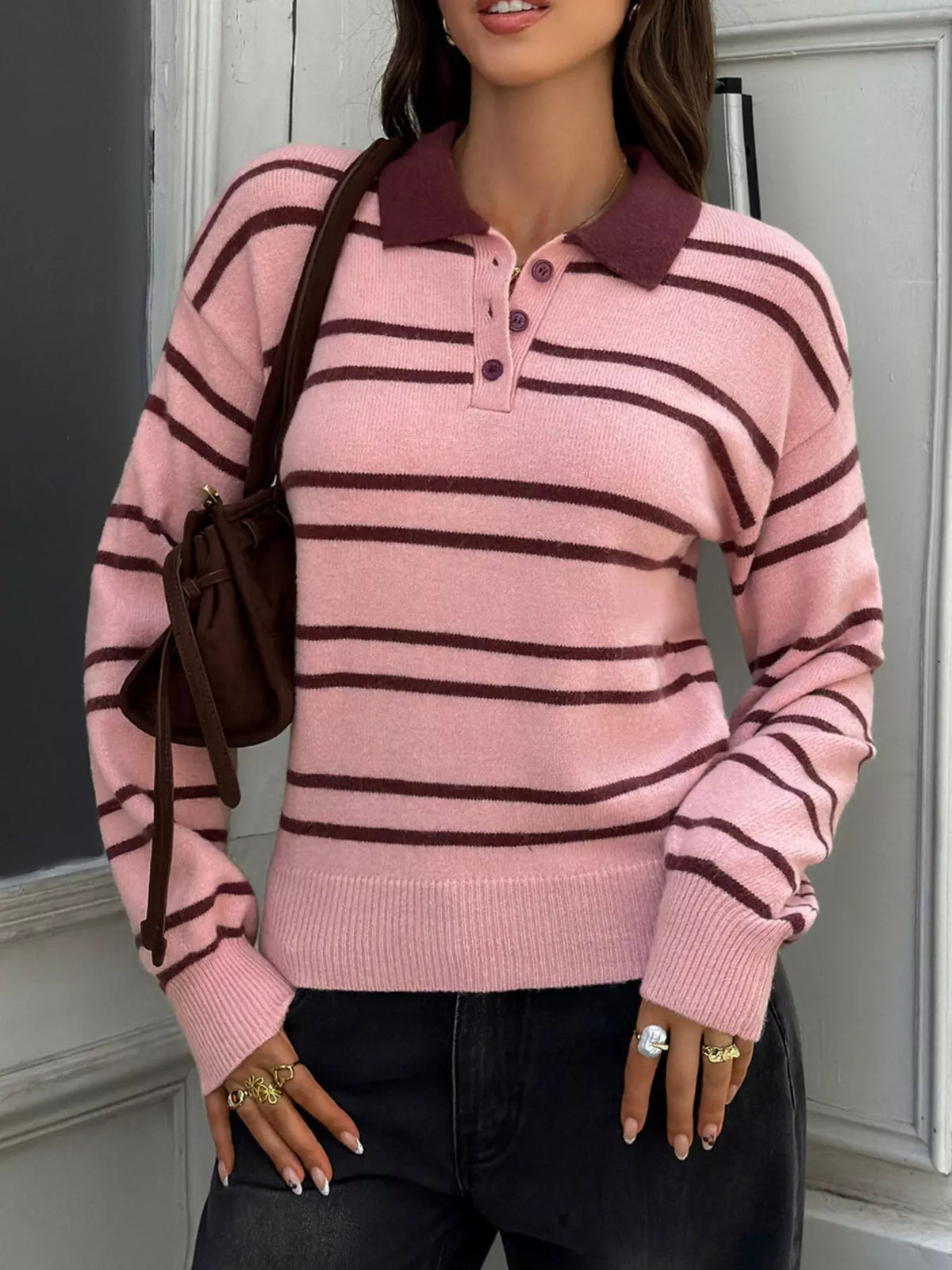 Striped Polo Collar Dropped Shoulder Sweater - Lilixa.store