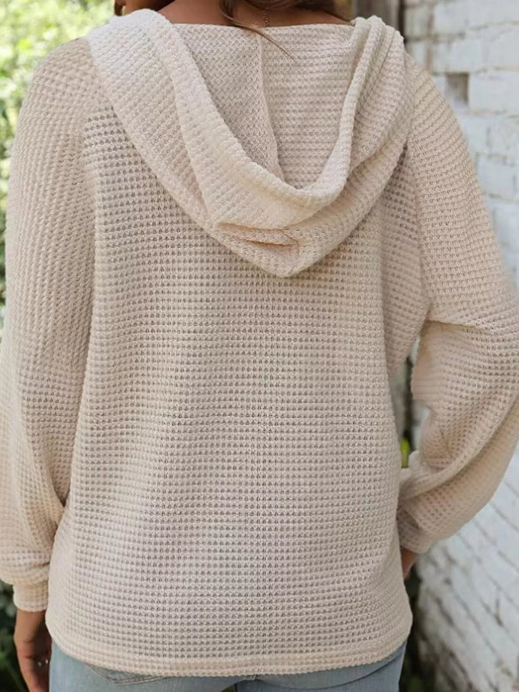 Casual Waffle Knit Button Detail Hoodie - Lilixa.store