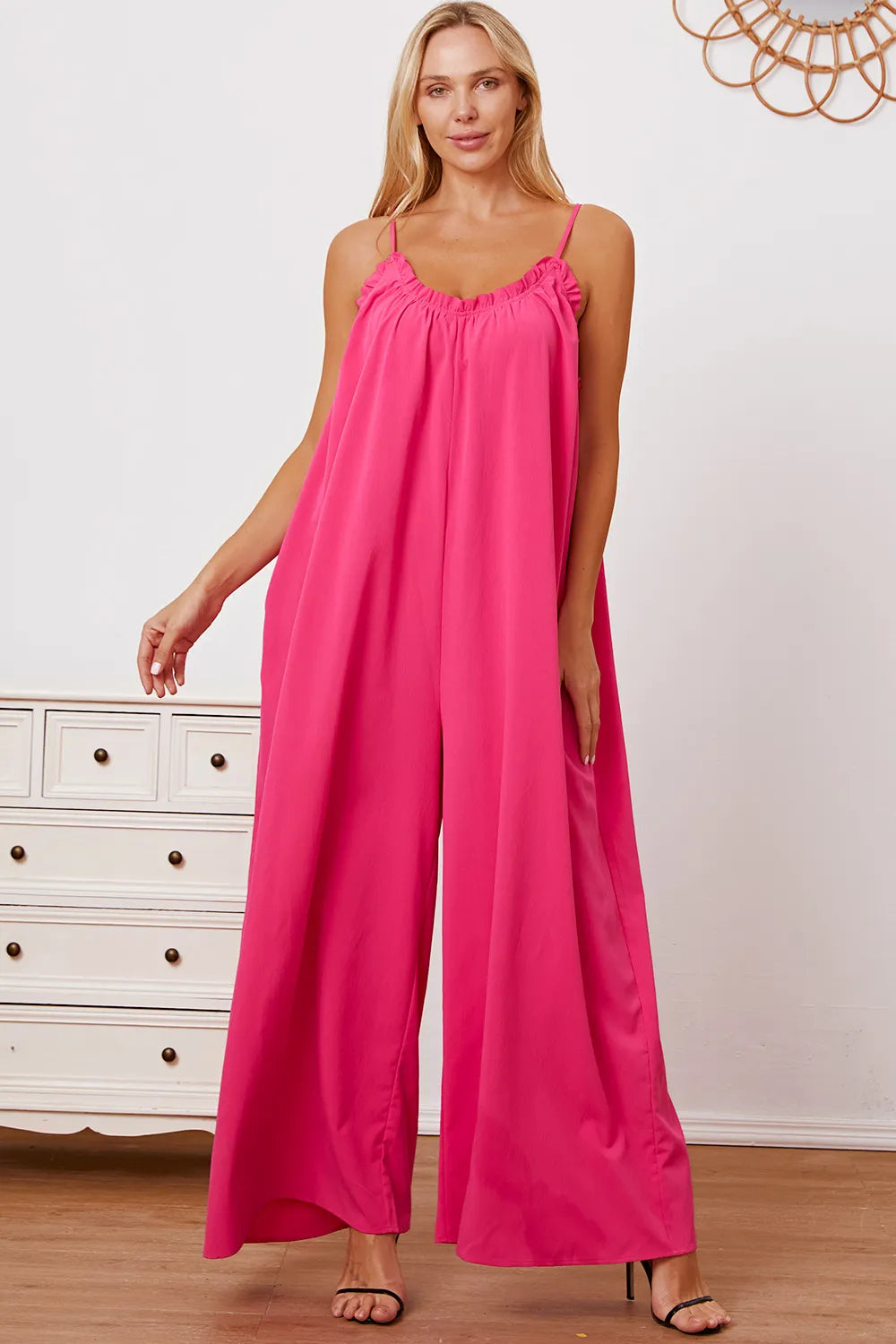 Double Take Full Size Ruffle Trim Tie Back Cami Jumpsuit with Pockets - Lilixa.store