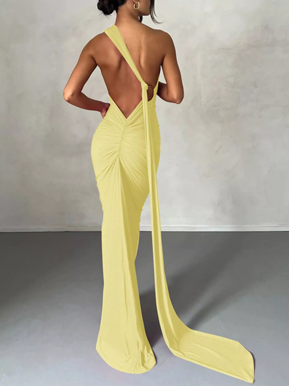 Backless One-Shoulder Ruched Bodycon Maxi Dress, view 22
