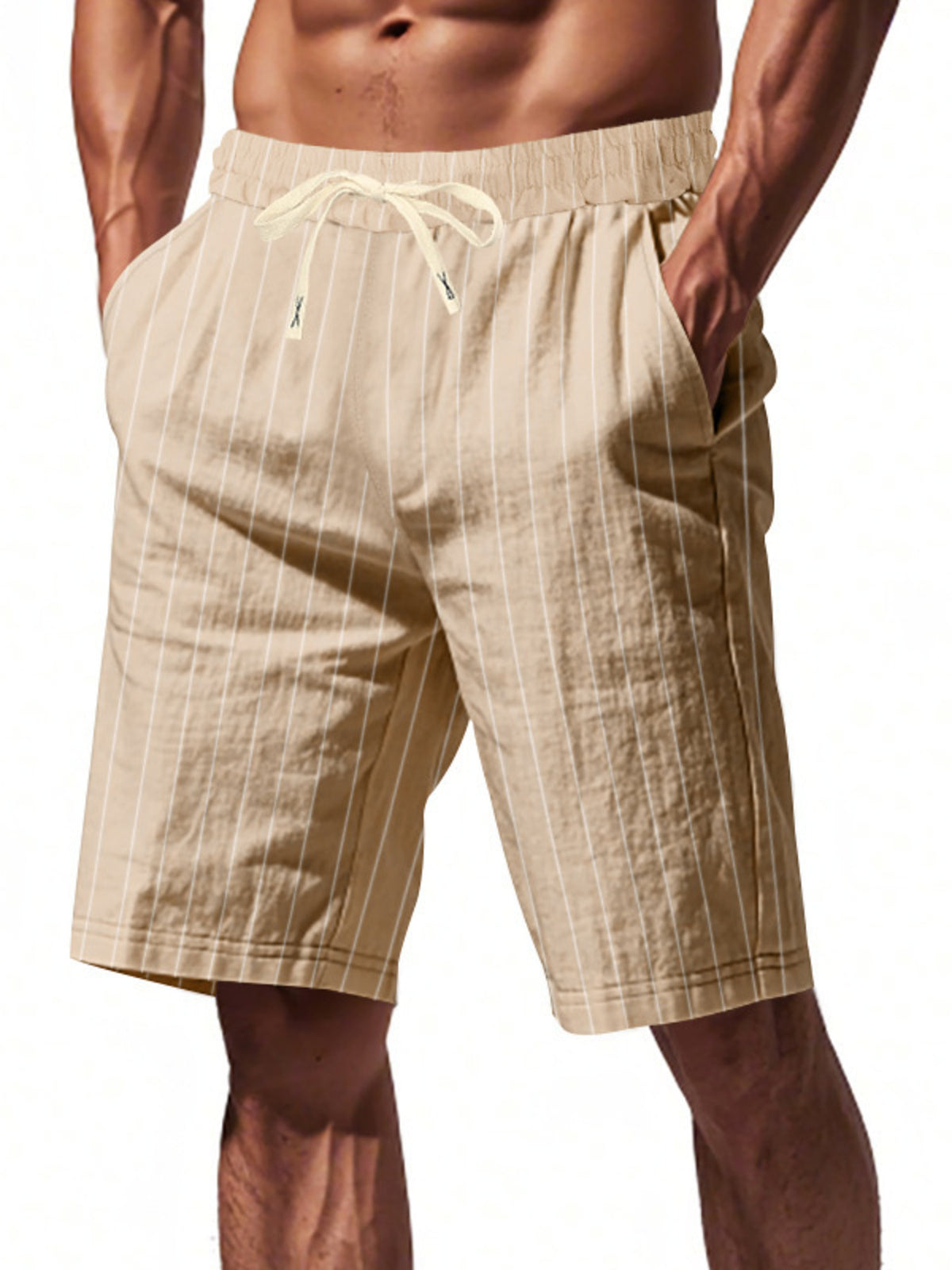 Men's Full Size Striped Drawstring Casual Shorts Plus Size in Khaki