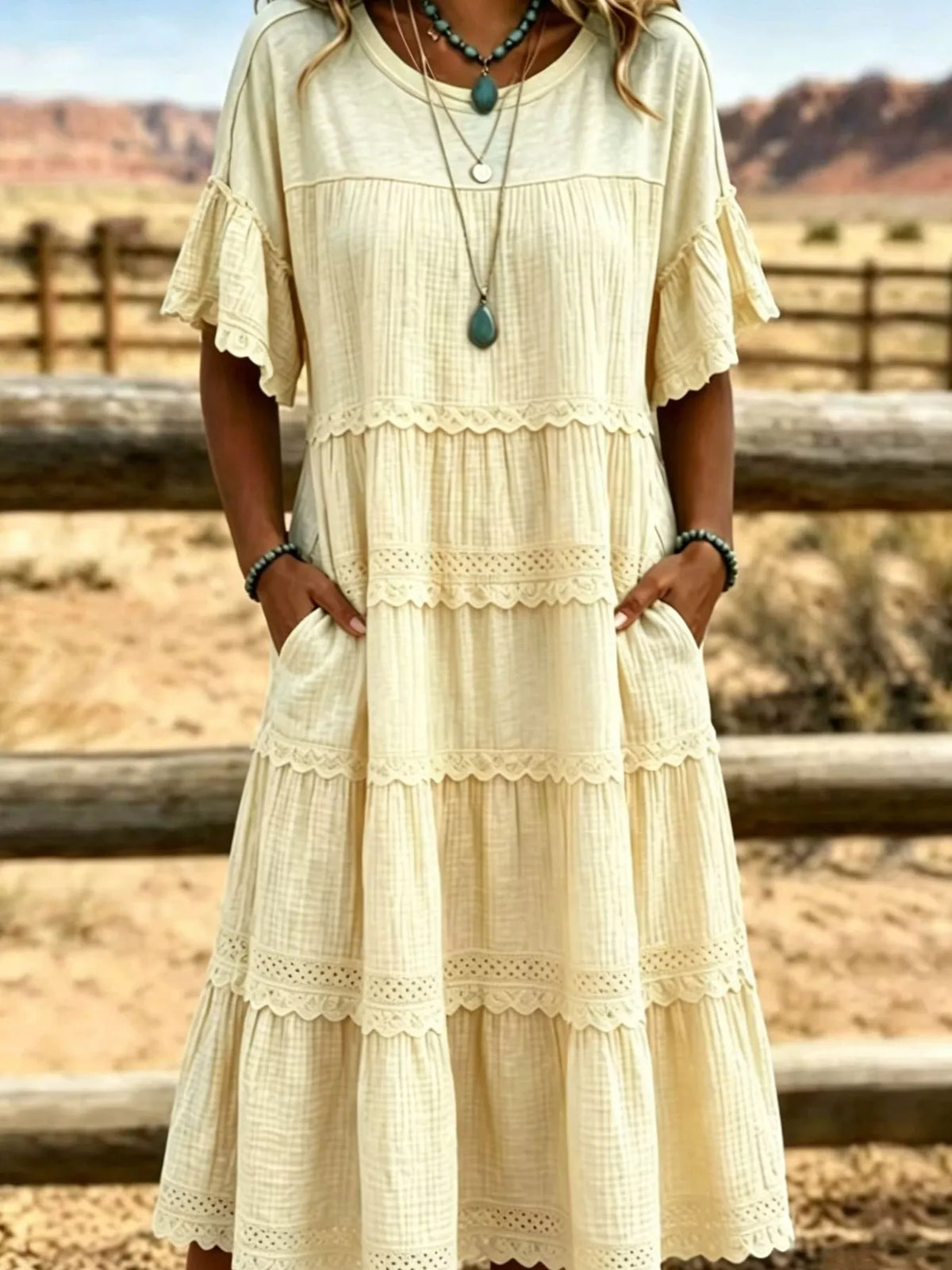 Full Size Tiered Ruffle Sleeve Midi Dress with Pockets Plus Size - Lilixa.store
