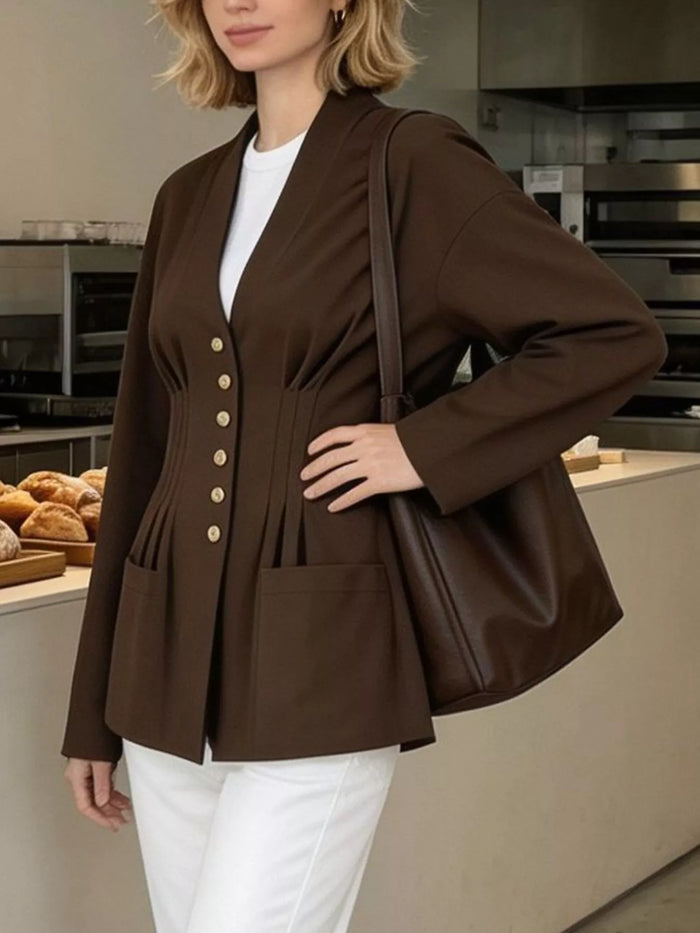 Pleated Waist Blouse with Button Detail in Brown