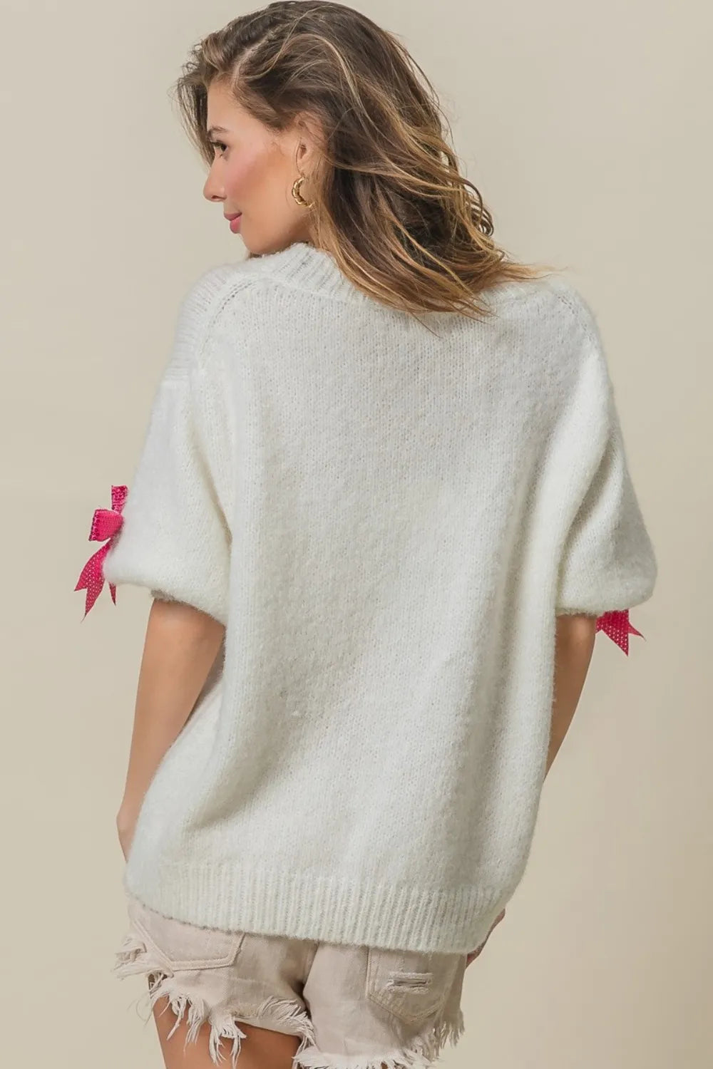 BiBi Sequin Bow Puff Sleeve Sweater - Lilixa.store