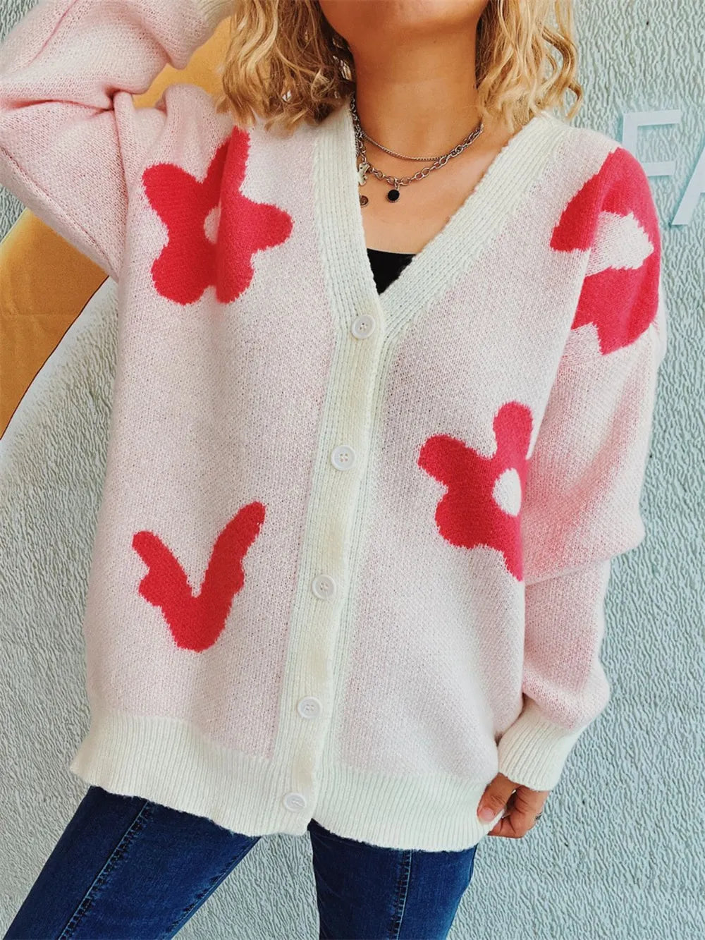 Flower Button Down V-Neck Long Sleeve Cardigan - Lilixa.store