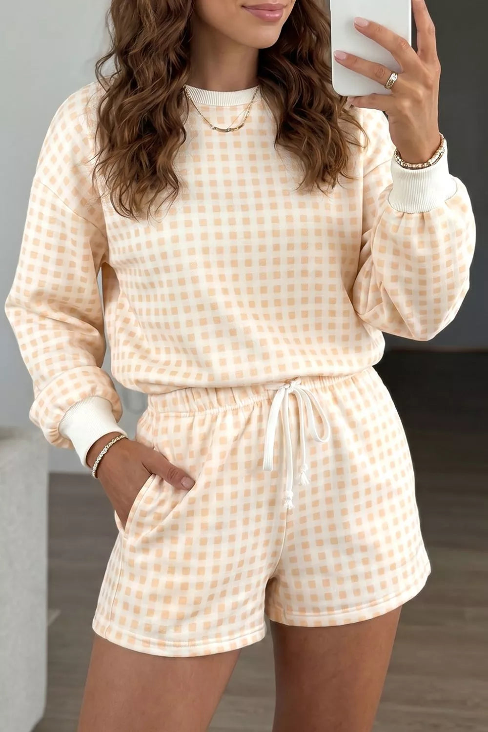 Gingham Long Sleeve Sweatshirt and Shorts Set - Lilixa.store