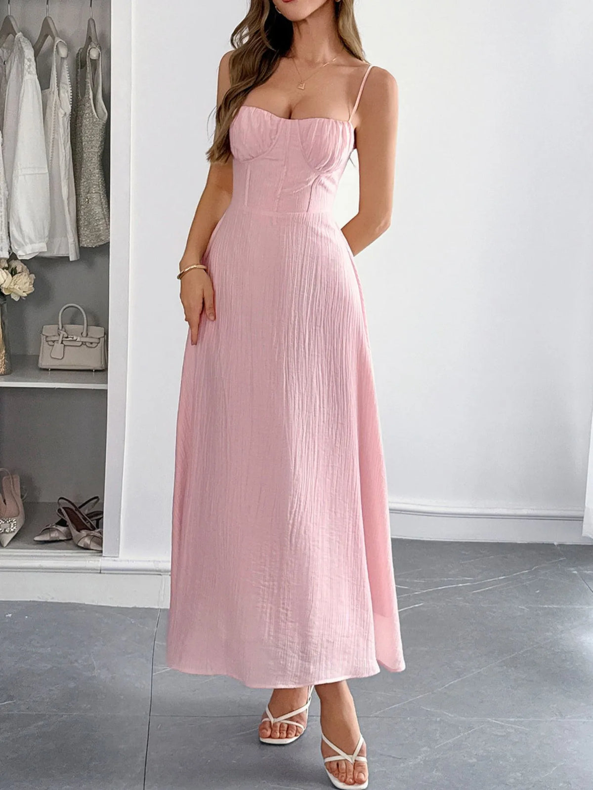 Texture Sweetheart Neck Backless Cami Dress - Lilixa.store