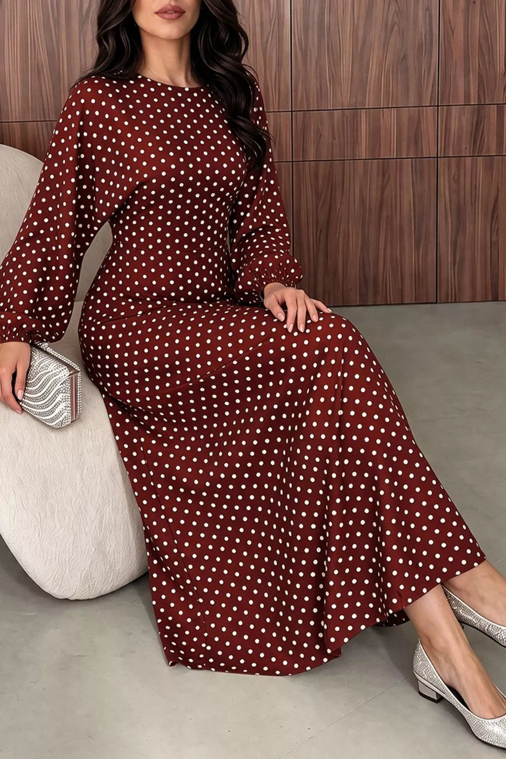 Polka Dot Long Sleeve Maxi Dress - Lilixa.store