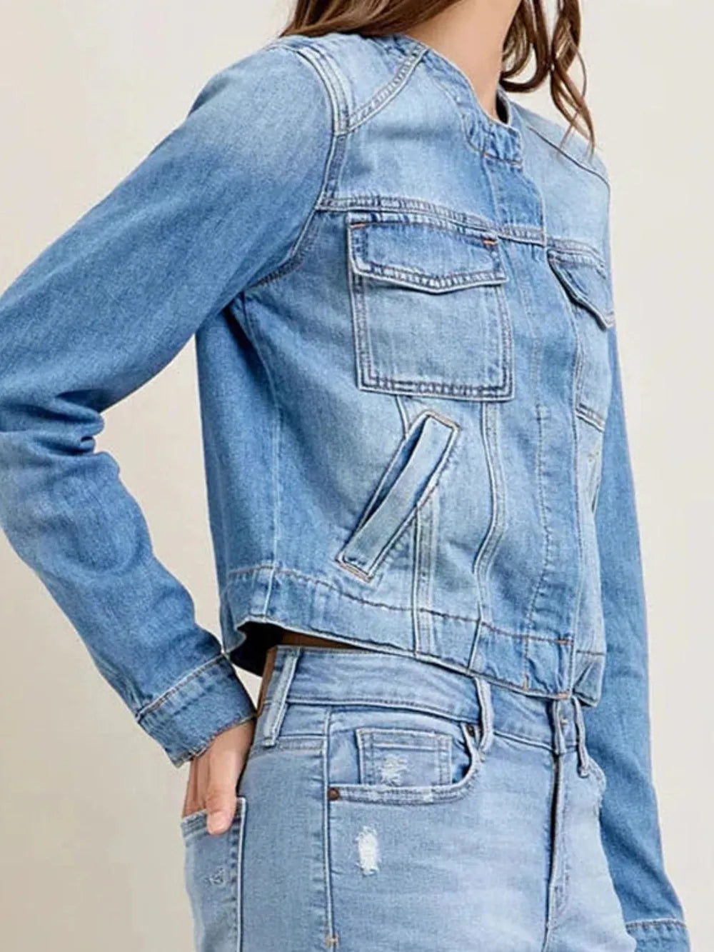 Snap Down Dropped Cargo Denim Jacket - Lilixa.store