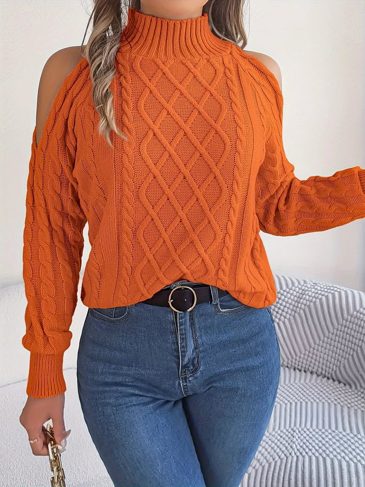 Cold-Shoulder Cable Knit Sweater, view 5
