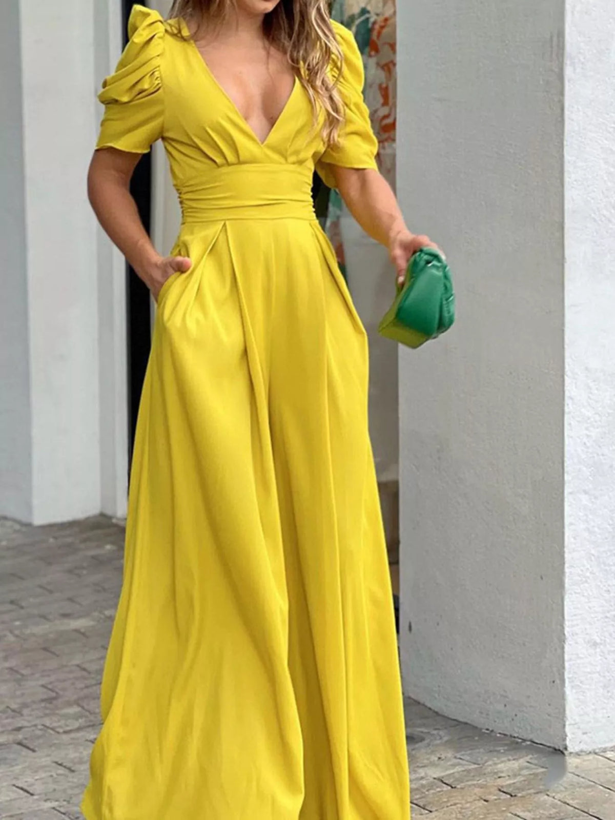 Puff Sleeve Wide Leg Jumpsuit in Canary Yellow