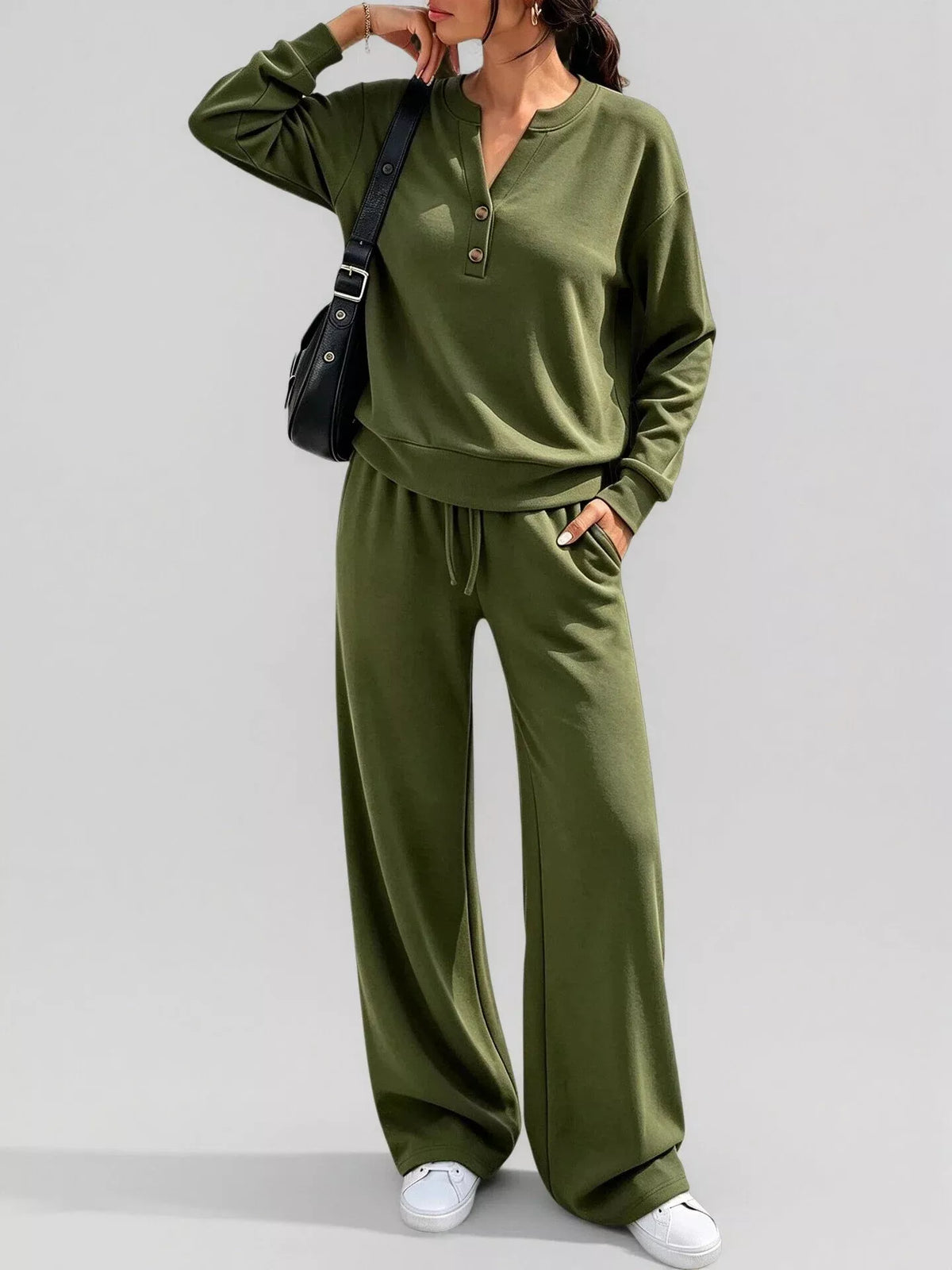 Button Detail Dropped Shoulder Top and Pants Set - Lilixa.store