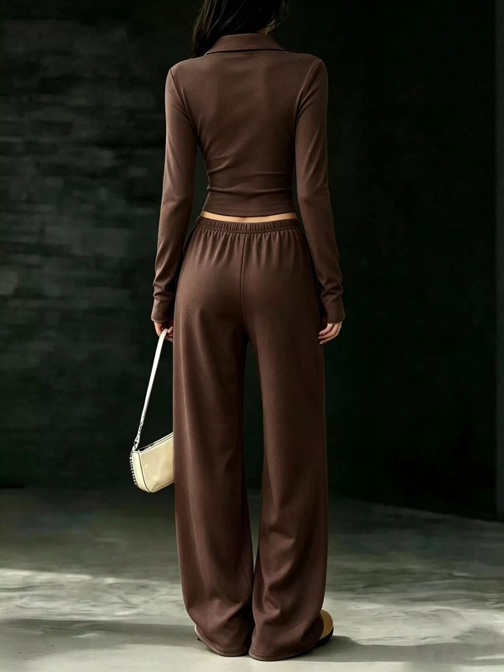 Solid Color Long Sleeve Polo Collar Top and Wide Leg Pants Set - Lilixa.store