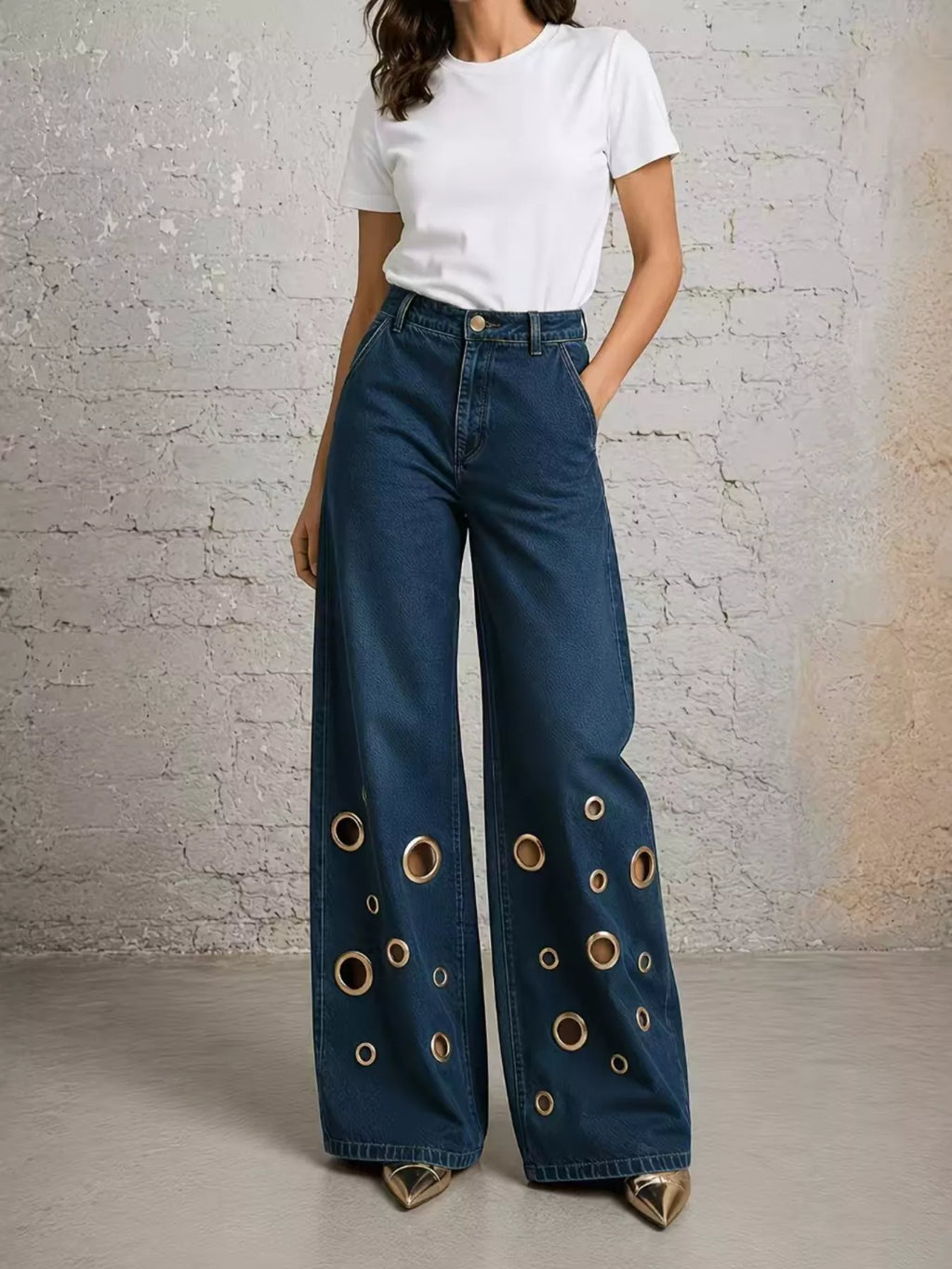 Wide Leg Jeans with Eyelet Details - Lilixa.store