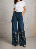 Wide Leg Jeans with Eyelet Details - Lilixa.store