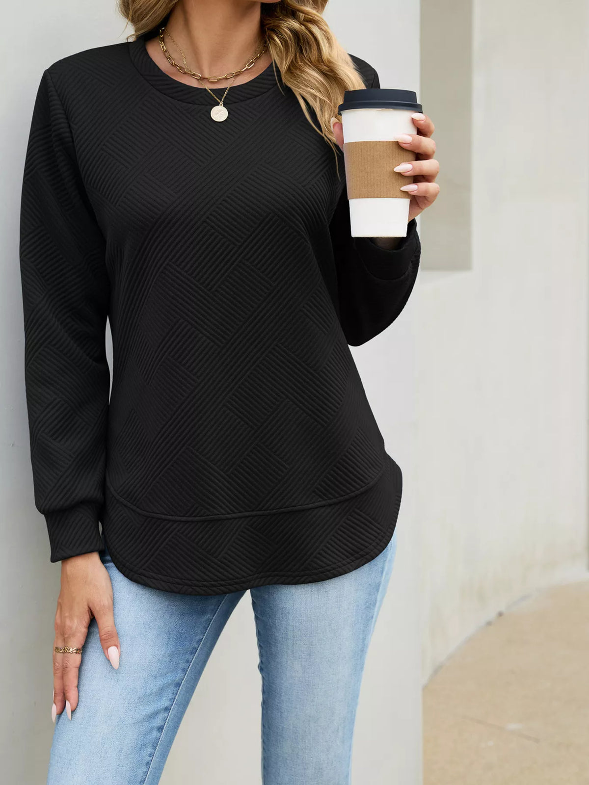 Textured Crew Neck Sweatshirt - Lilixa.store