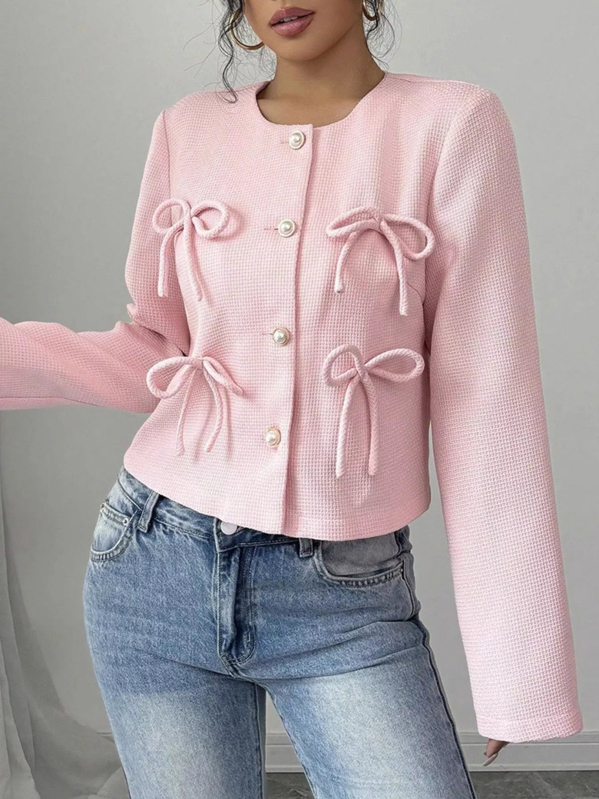 Bow Detail Cropped Outerwear in Pink