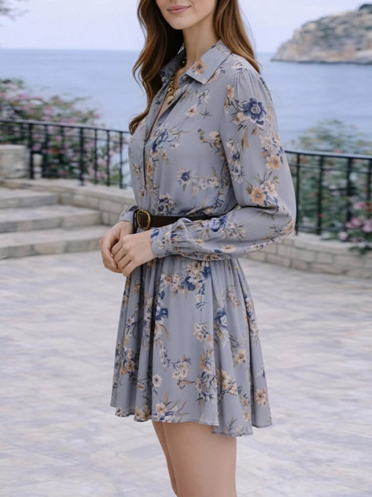 Full Size Floral Print Long Sleeve Shirt Dress Plus Size, view 3