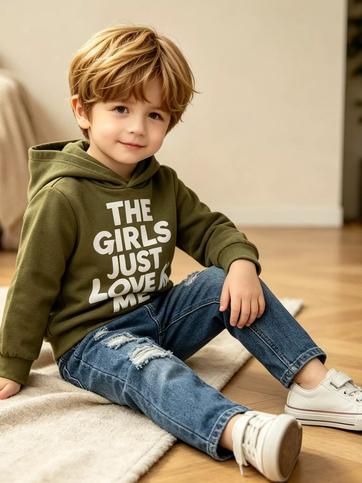 Children's Graphic Hoodie and Distressed Jeans Set in Green, view 2