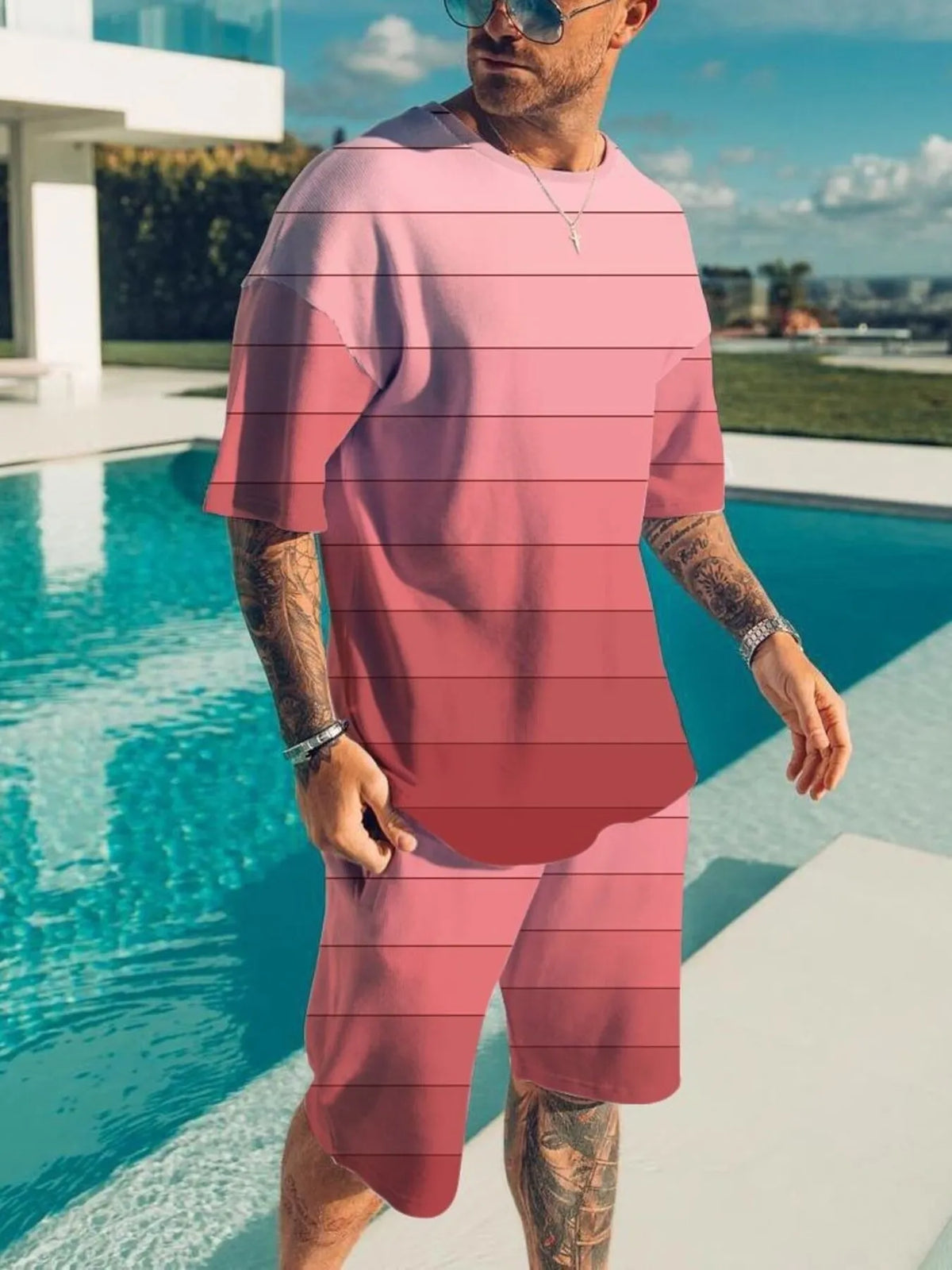 Men's Full Size Color Block Tee and Shorts Set Plus Size - Lilixa.store