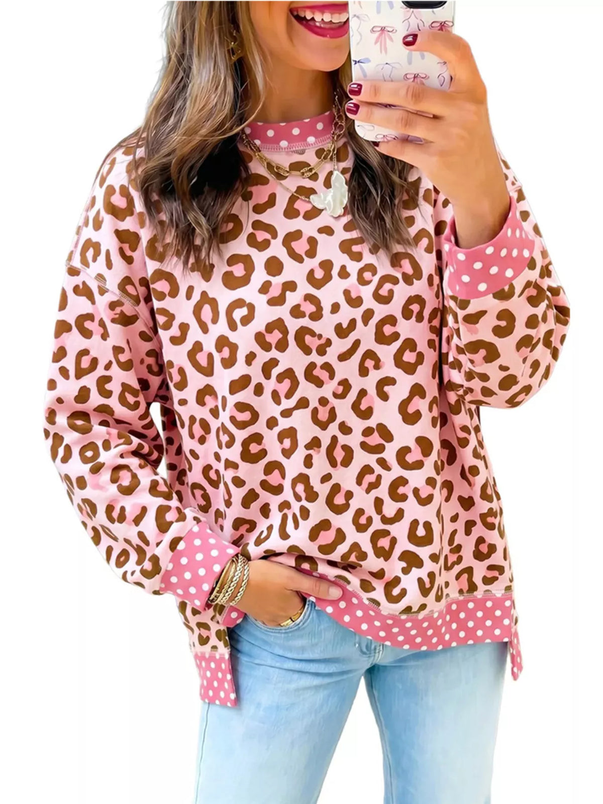 Side Slit Leopard Sweatshirt with Polka Dot Trim - Lilixa.store