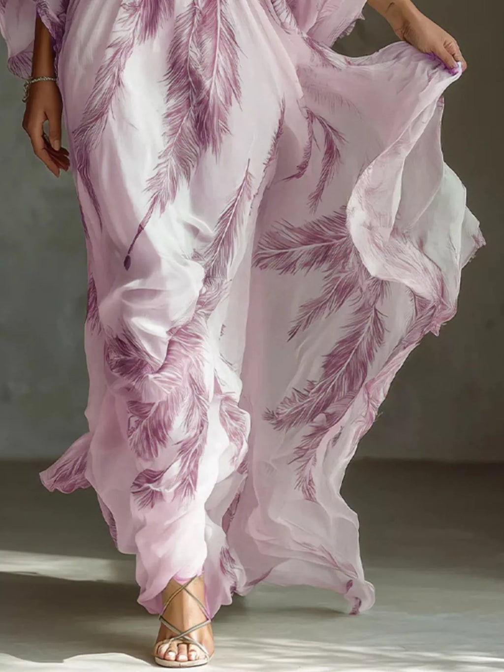 Full Size Feather Print V-Neck Flowy Maxi Dress Plus Size - Lilixa.store