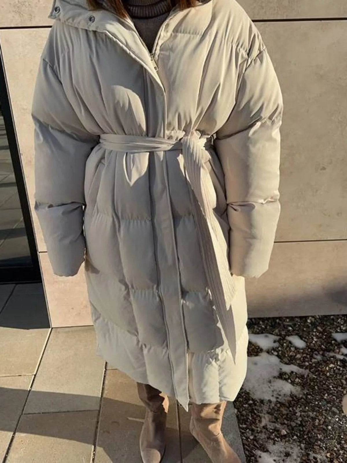 Longline Padded Winter Coat with Belted, view 6