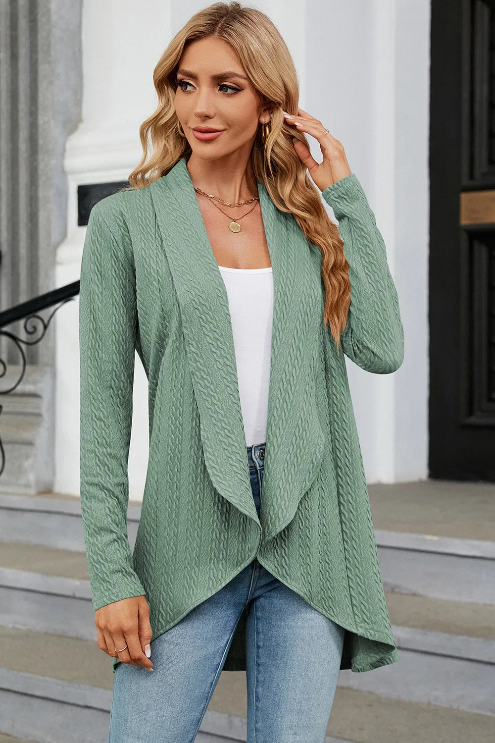 Open Front Long Sleeve Cardigan in Green