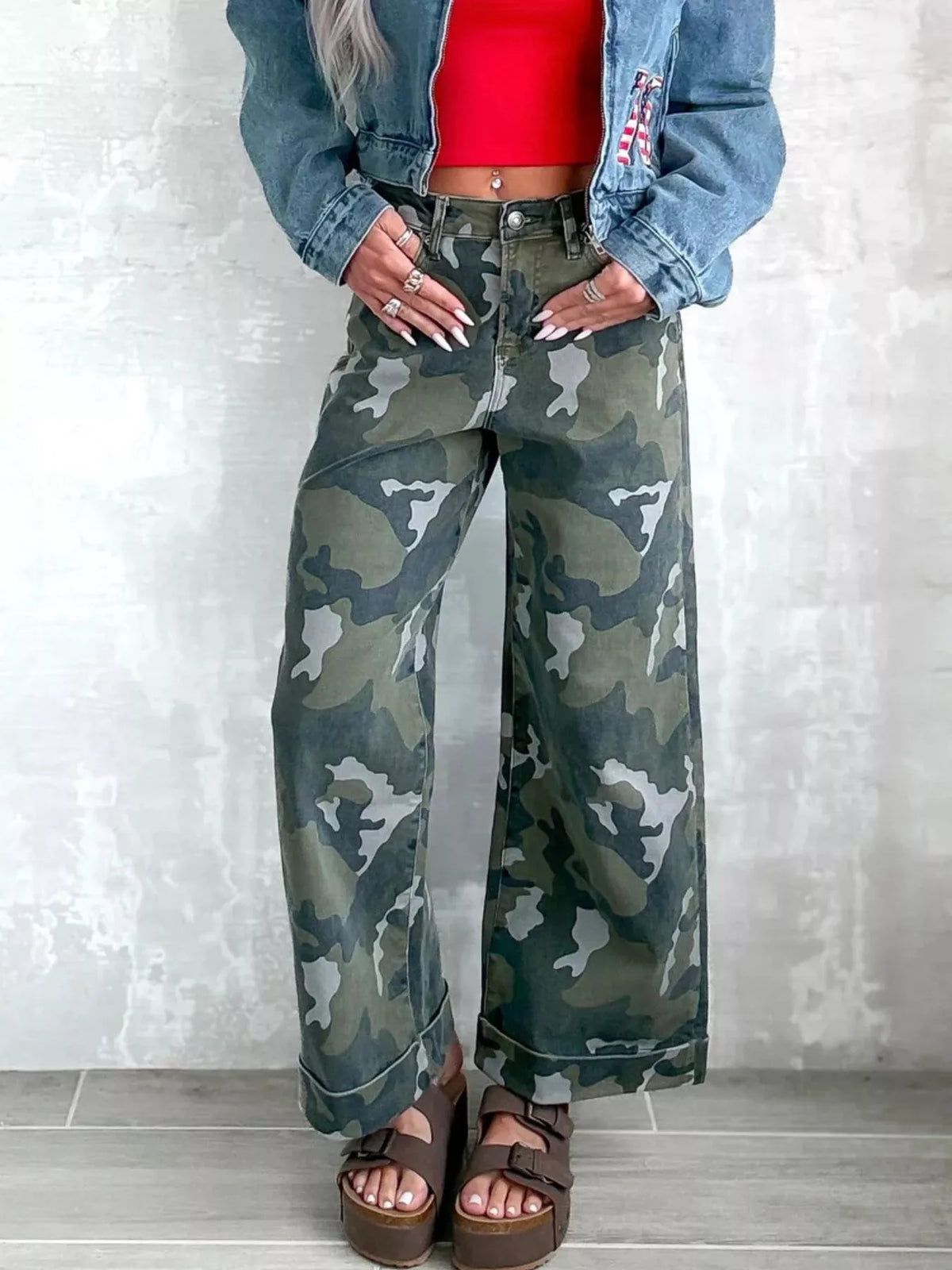High-Waisted Camouflage Wide-Leg Jeans - Lilixa.store