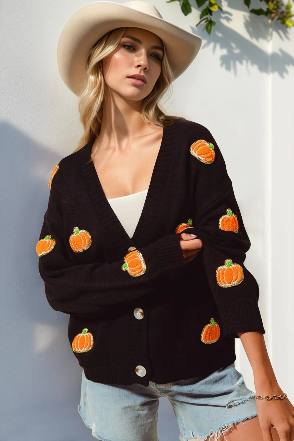 Double Take Full Size Pumpkin Button Up Long Sleeve Cardigan Plus Size in Black, view 2