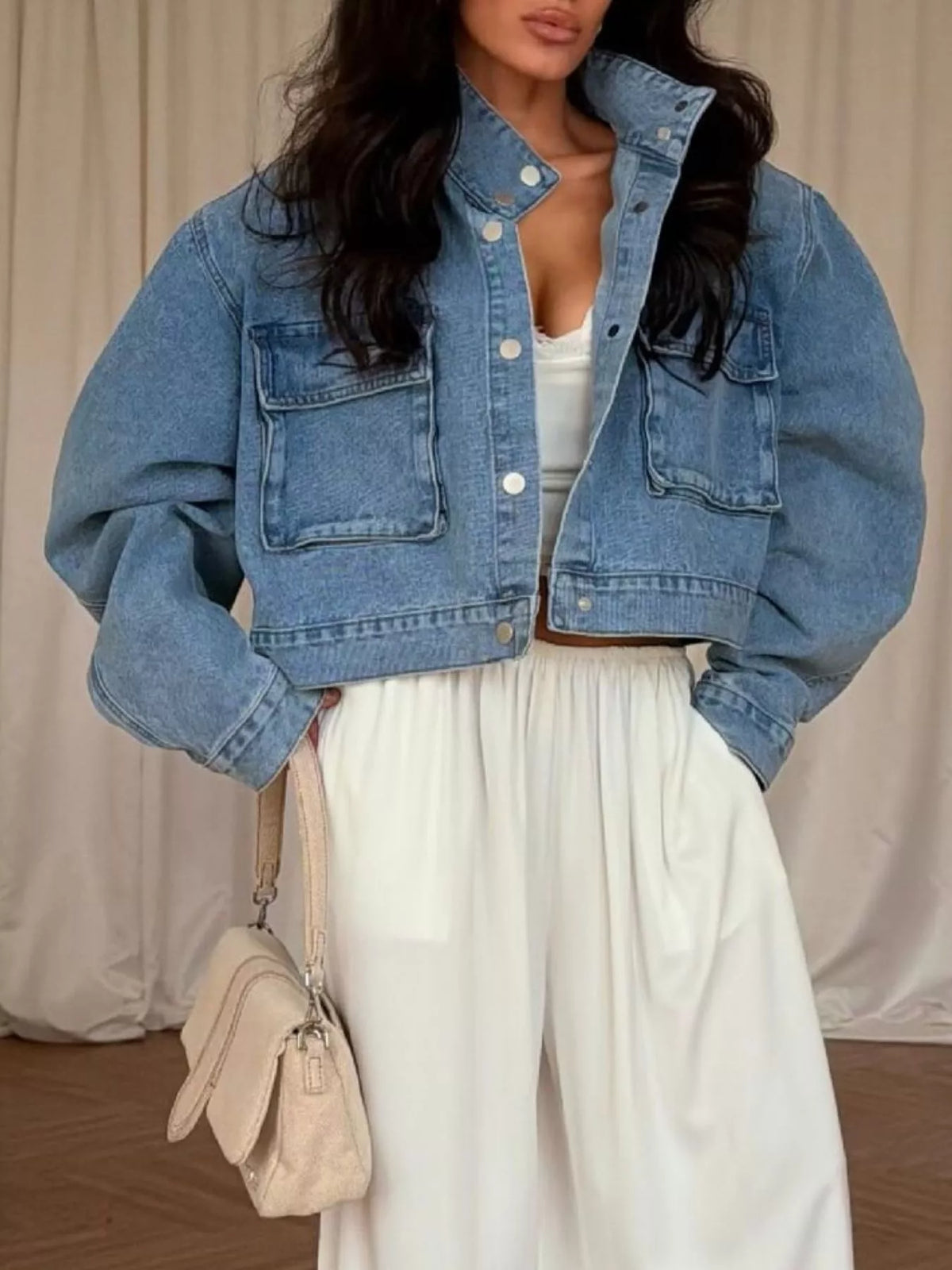 Oversized Utility Cropped Denim Jacket, view 5