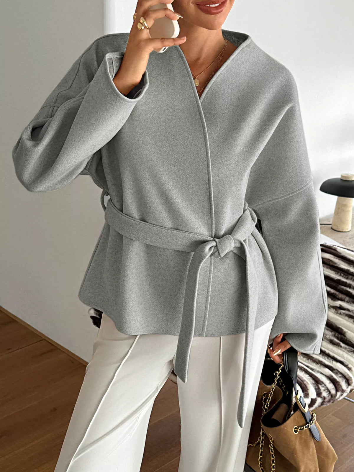 Surplice Dropped Shoulder Tie Belt Outerwear in Gray