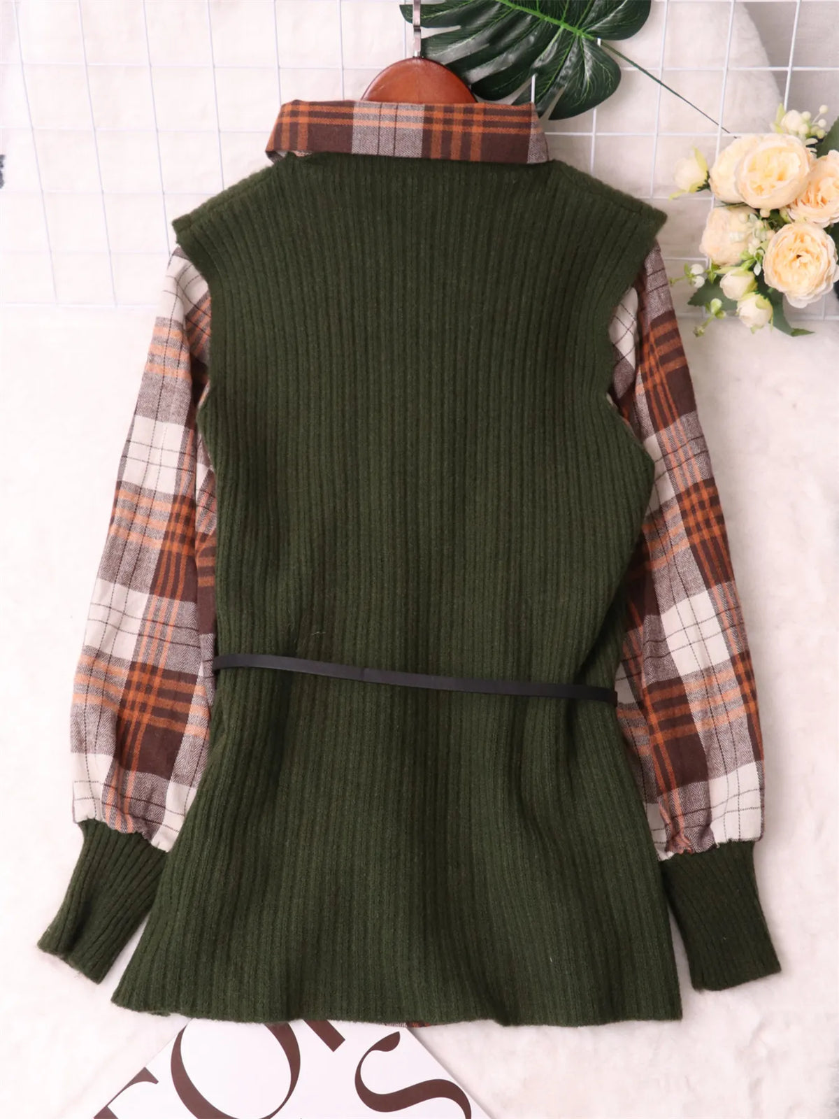 Plaid Long Sleeve Sweater Dress, view 13