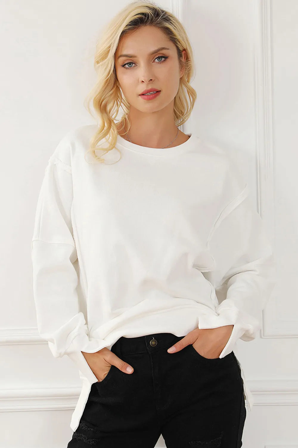 Exposed Seam High-Low Long Sleeve Sweatshirt - Lilixa.store