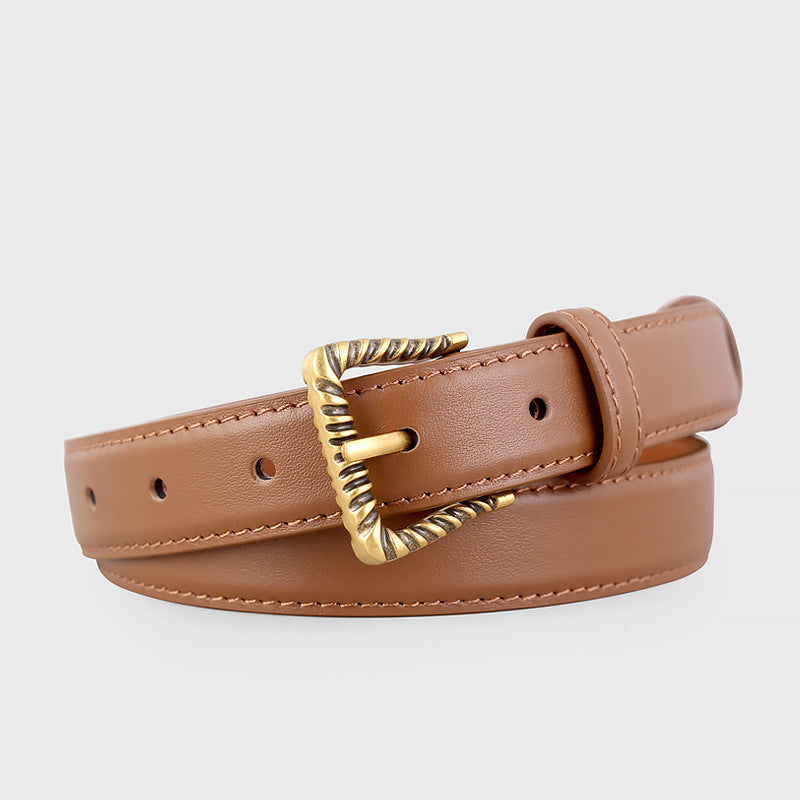 Leather Belt with Textured Gold Buckle in Brown