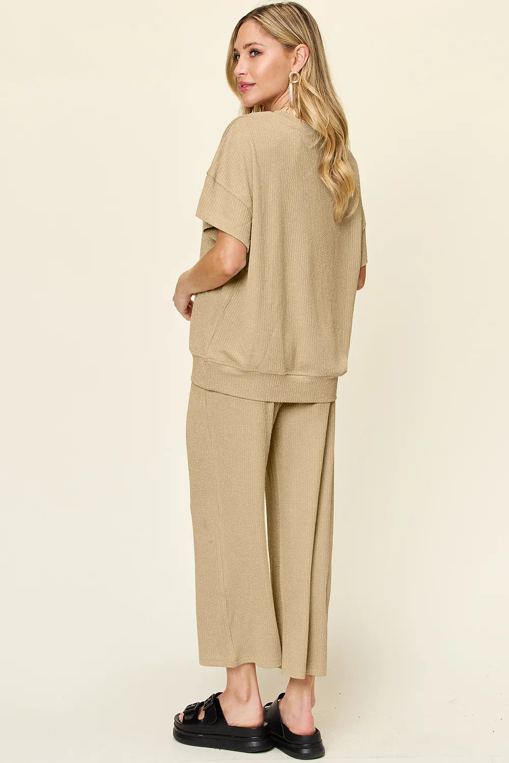Double Take Full Size Texture Round Neck Short Sleeve T-Shirt and Wide Leg Pants, view 26