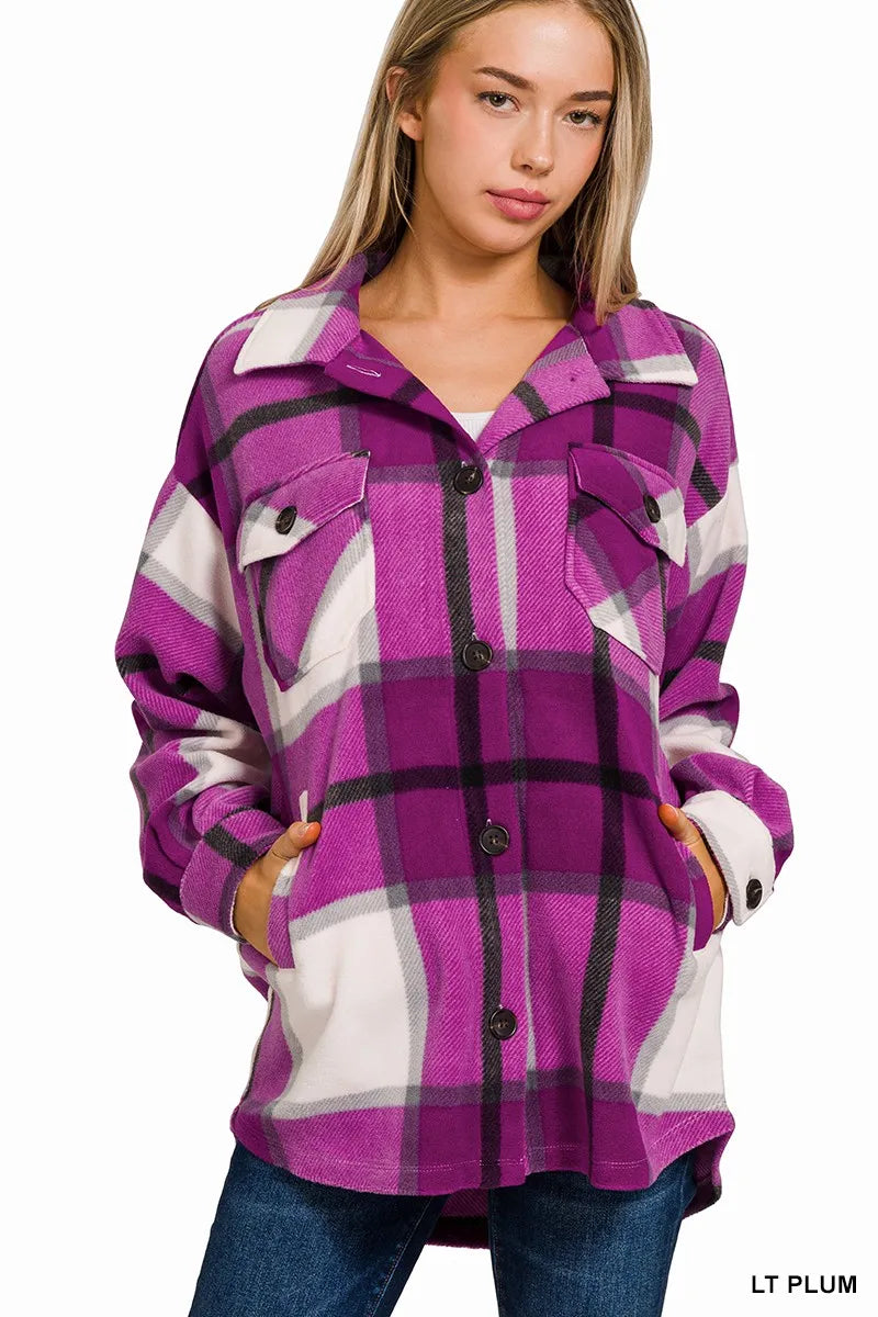 Zenana Oversized Plaid Fleece Shacket, view 2