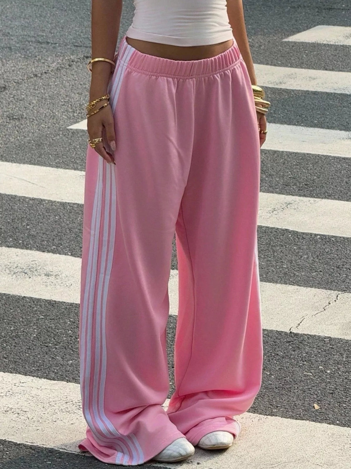High-Waisted Wide-Leg Track Pants with Side Stripes in Pink