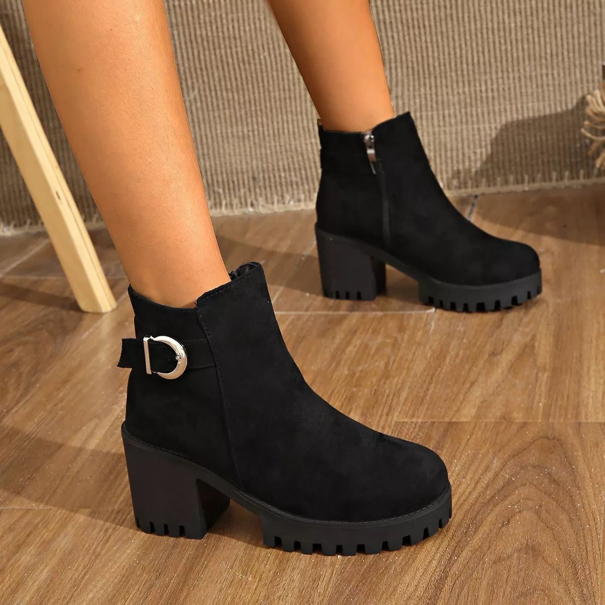 Round Toe Block Heels Boots in Black, view 3