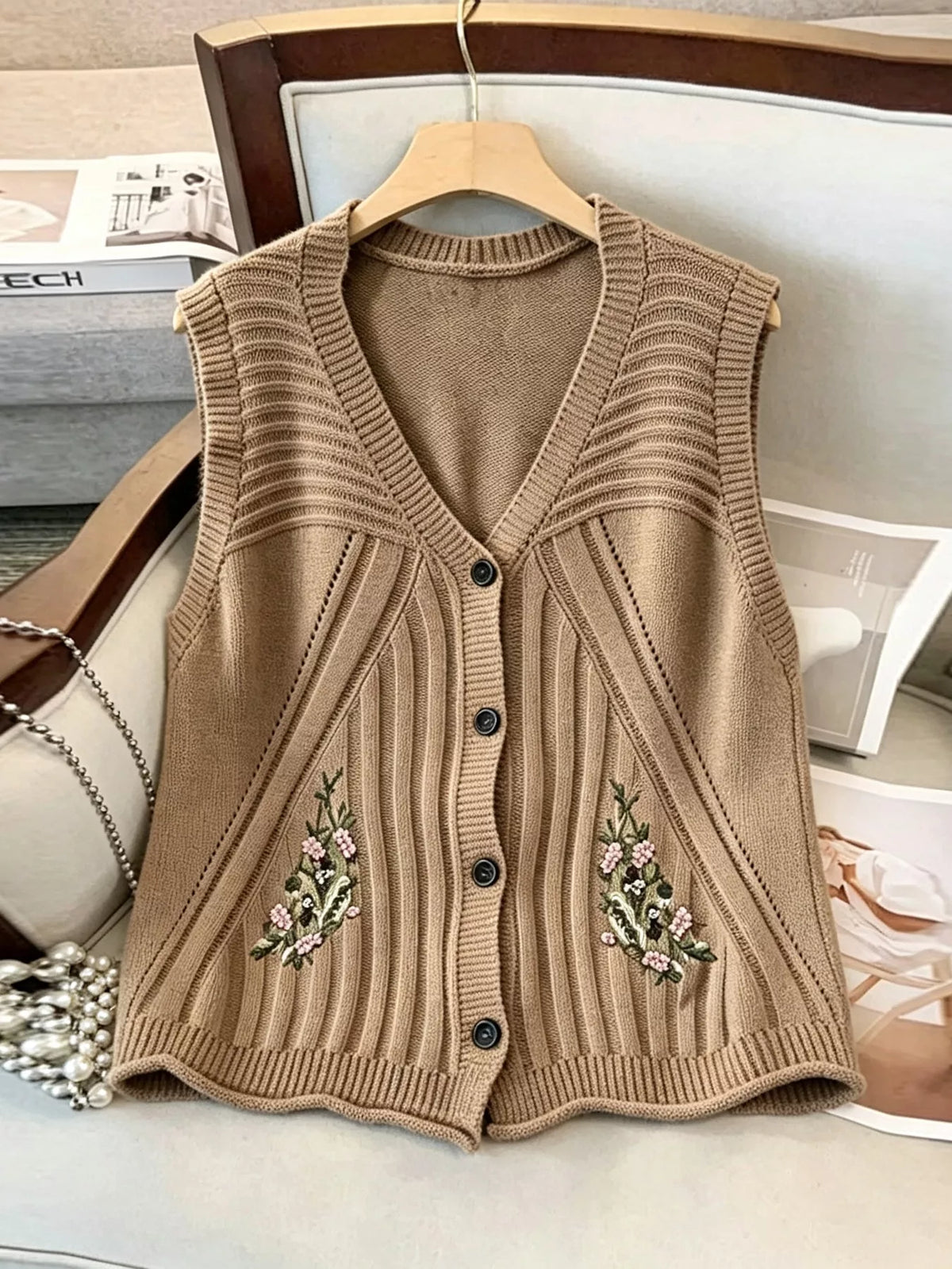 Floral Embroidered V-Neck Button-Down Sweater Vest - Lilixa.store