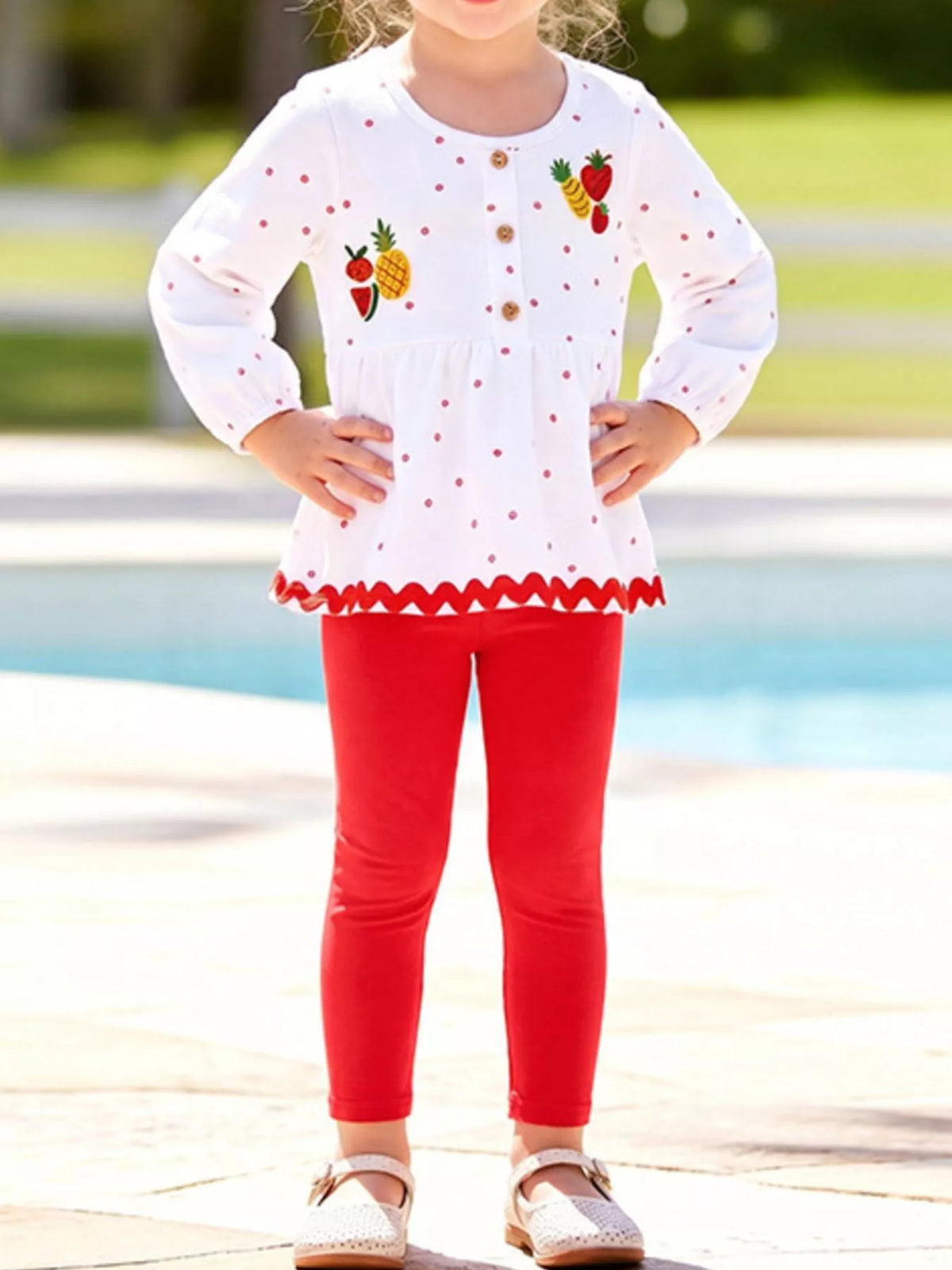 Children's Fruit Peplum Top and Leggings Two-Piece Set in White