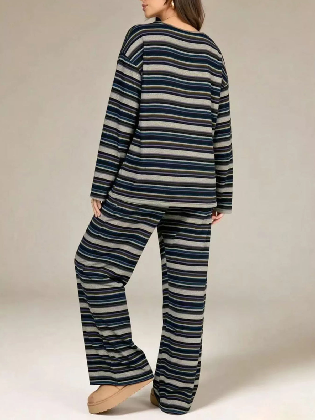 Striped Long-Sleeve Top and Wide-Leg Pants Set - Lilixa.store