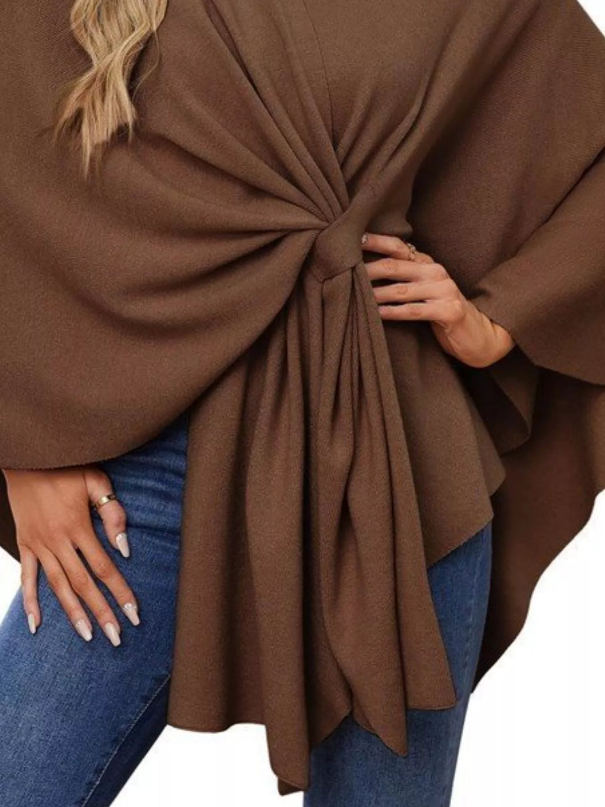 Solid Color Tie-Front Knit Cape Top, view 24